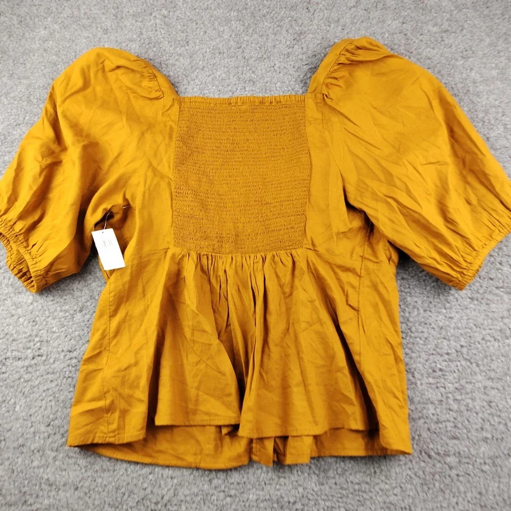Old Navy Top Womens Large Brown Bronze Smocked Puff Sleeve Peplum NWT